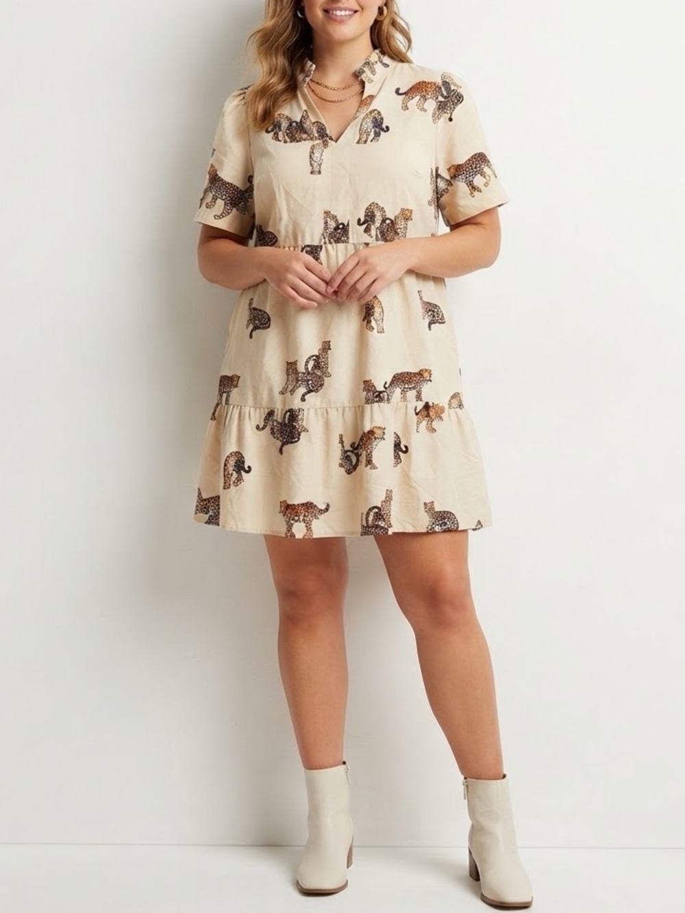 THML Animal Print Mini Dress Cream Large Like New